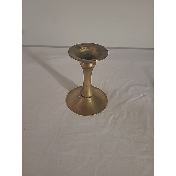 Vtg Solid Brass Handmade Candlestick Holder Unique Large Base 6"tall X4.5" Base - Picture 2 of 8